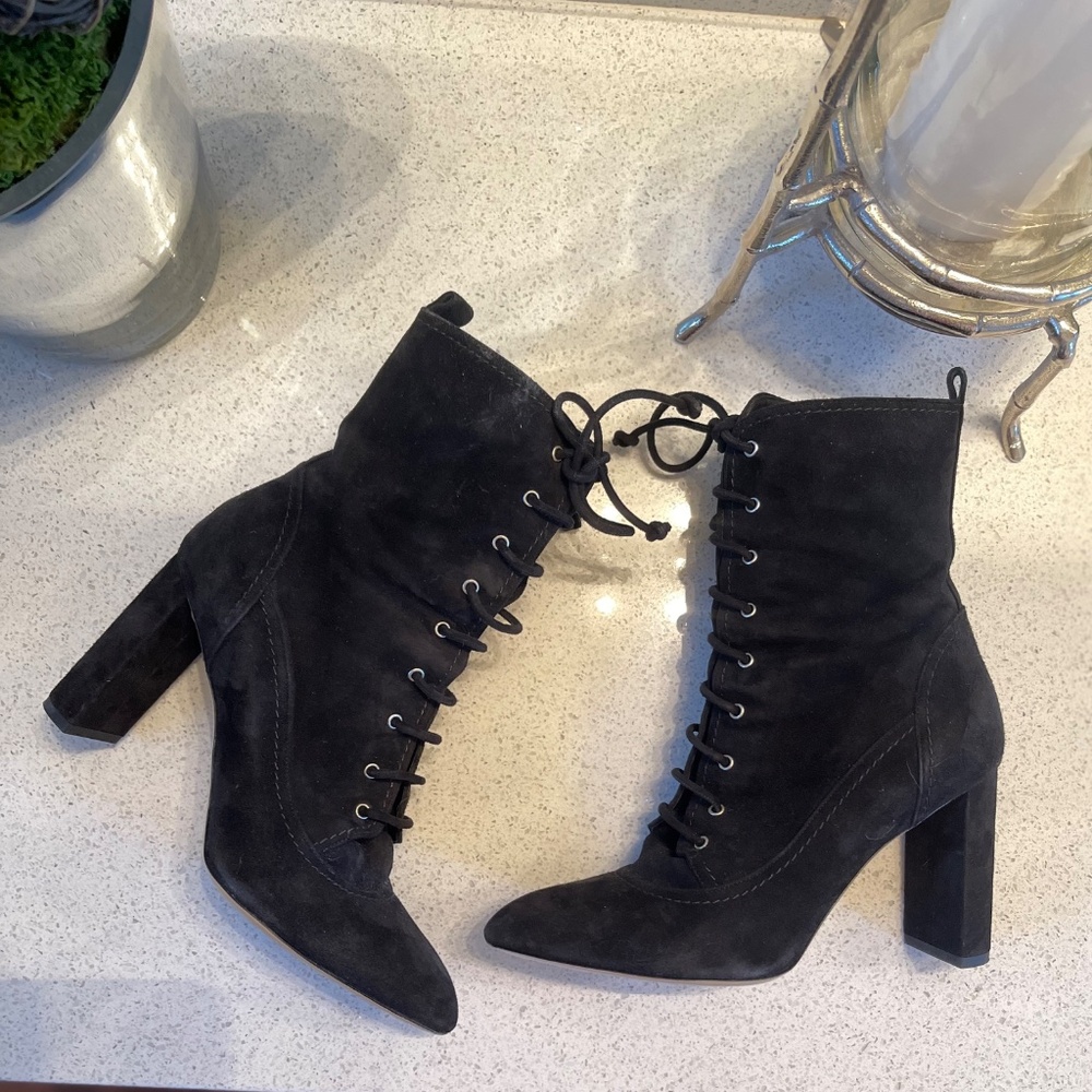 M.Gemi Annata Black Suede High Heeled Boot Lace Up Ankle Booties - Picture 9 of 15